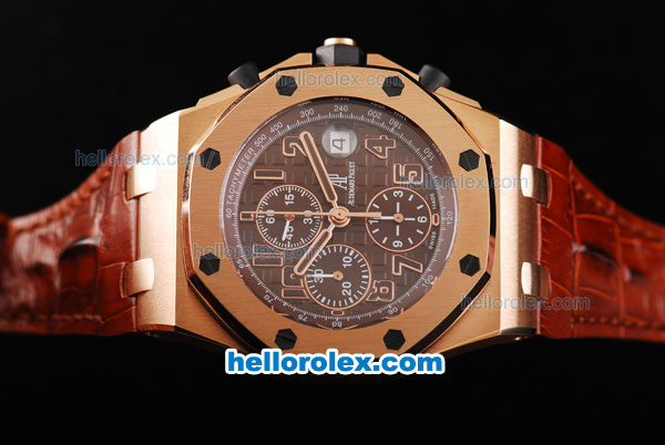 Audemars Piguet Royal Oak Offshore Don Ramon de la Cruz Swiss Valjoux 7750 Automatic Movement Run 12 Second Rose Gold Case with Brown Grid Dial and Numeral Markers - Click Image to Close